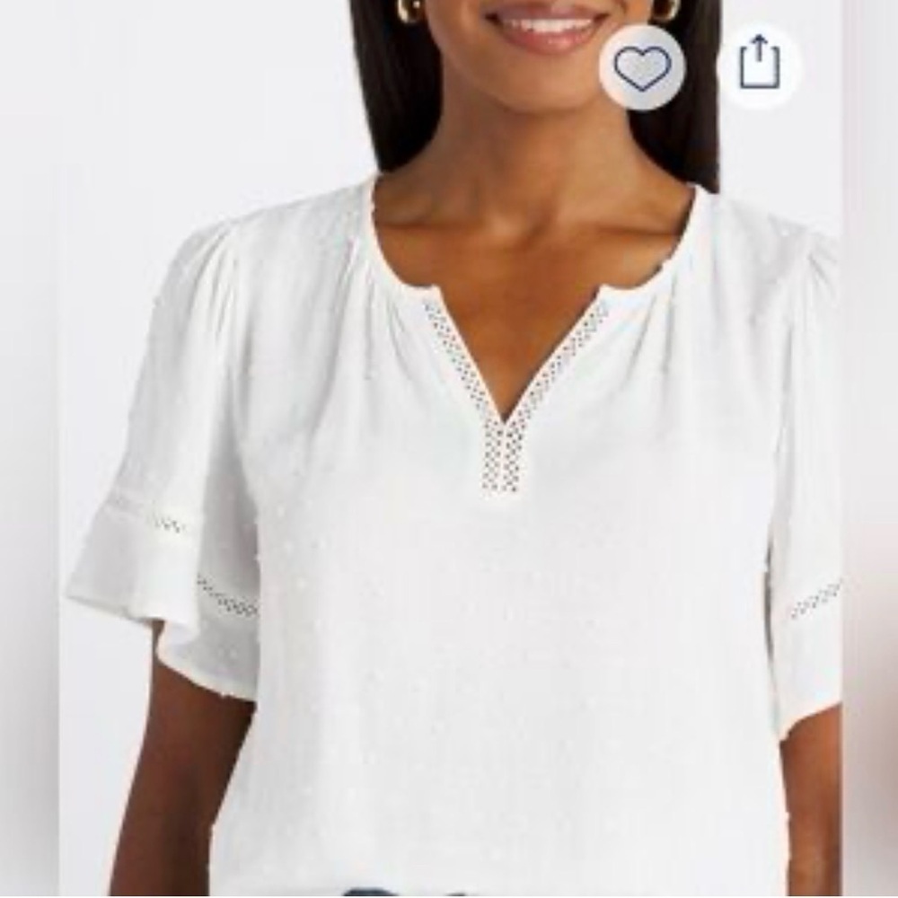 🆕 Beacon Apparel Raveena Clip Dot V Neck Relaxed Fit White Blouse, Size M